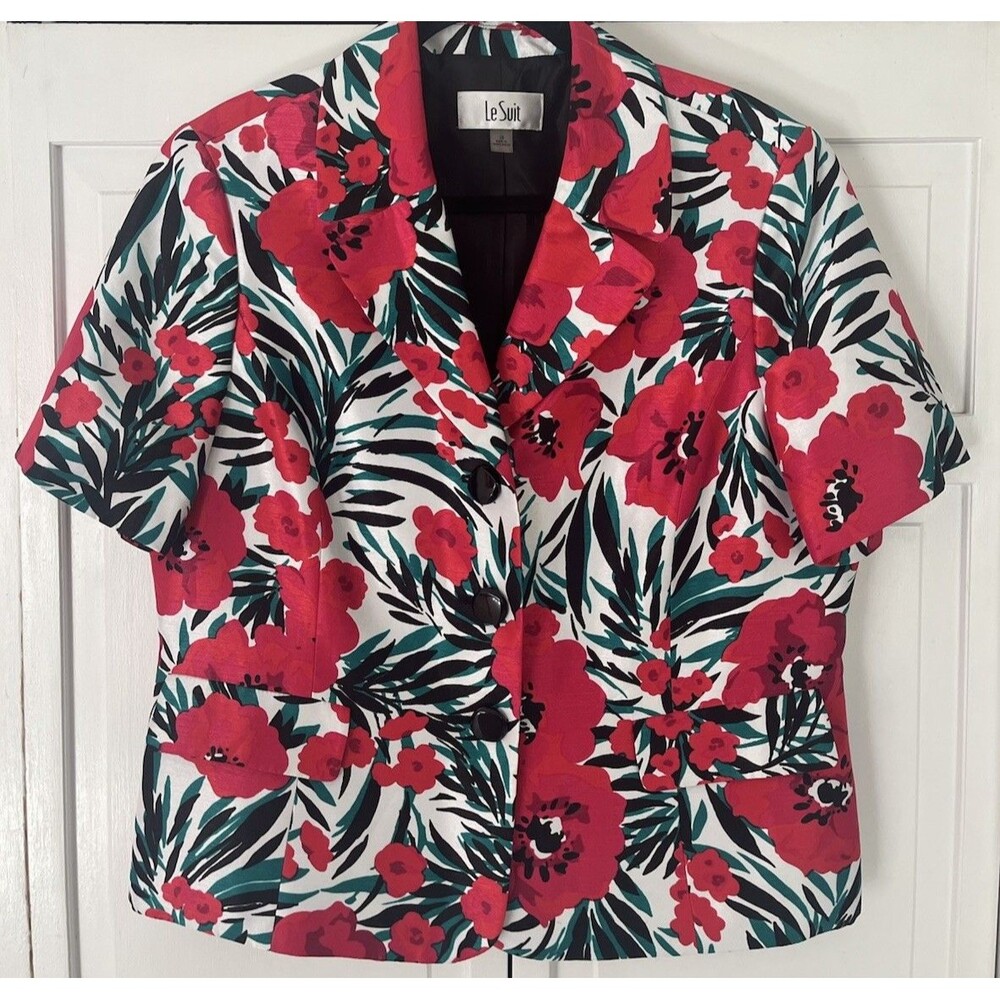 Le Suit Short Sleeve Floral Blazer Jacket